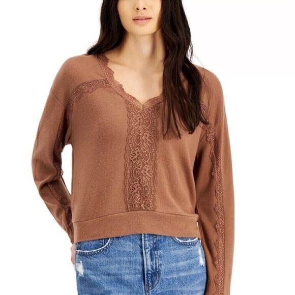 SELF ESTEEMJuniors' Lace-Trim V-Neck Top, shirt long sleeve - Picture 2 of 5